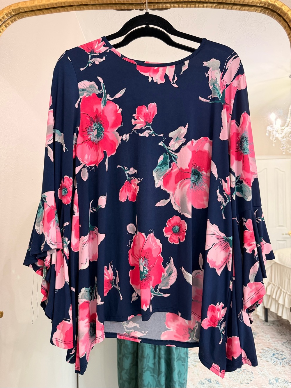 MOA USA Navy Top with Pink Floral Bell Sleeves
